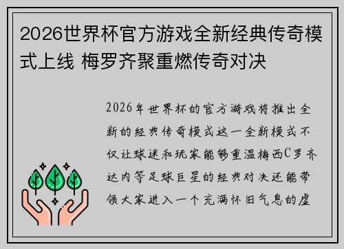 2026世界杯官方游戏全新经典传奇模式上线 梅罗齐聚重燃传奇对决